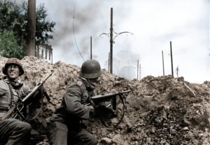 German soldiers of the 24th Panzer Division in action during the fighting for the southern station of Stalingrad.