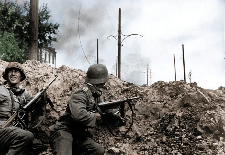 German soldiers of the 24th Panzer Division in action during the fighting for the southern station of Stalingrad.