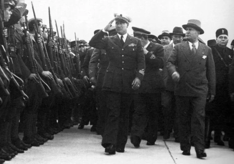 Galeazzo Ciano and Benito Mussolini inspecting troops returned from Italian East Africa