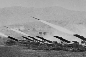 A battery of Katyusha rocket launchers firing at the enemy, German forces, during the Battle of Stalingrad