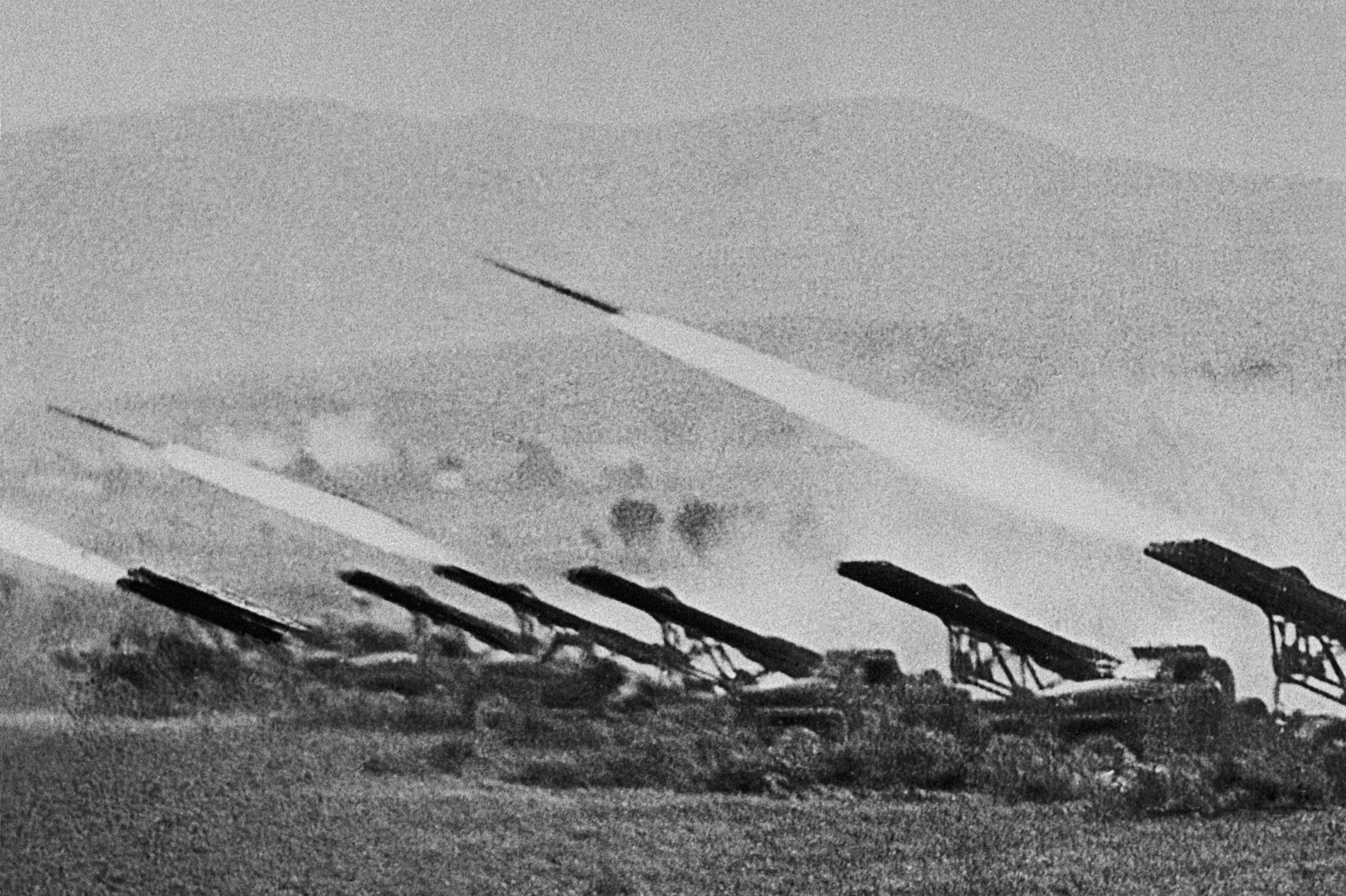 A battery of Katyusha rocket launchers firing at the enemy, German forces, during the Battle of Stalingrad