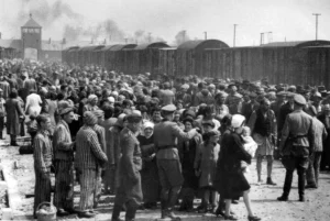"Selection" of Hungarian Jews on the ramp at Auschwitz-II-Birkenau in German-occupied Poland, May/June 1944, during the final phase of the Holocaust. Jews were sent either to work or to the gas chamber.