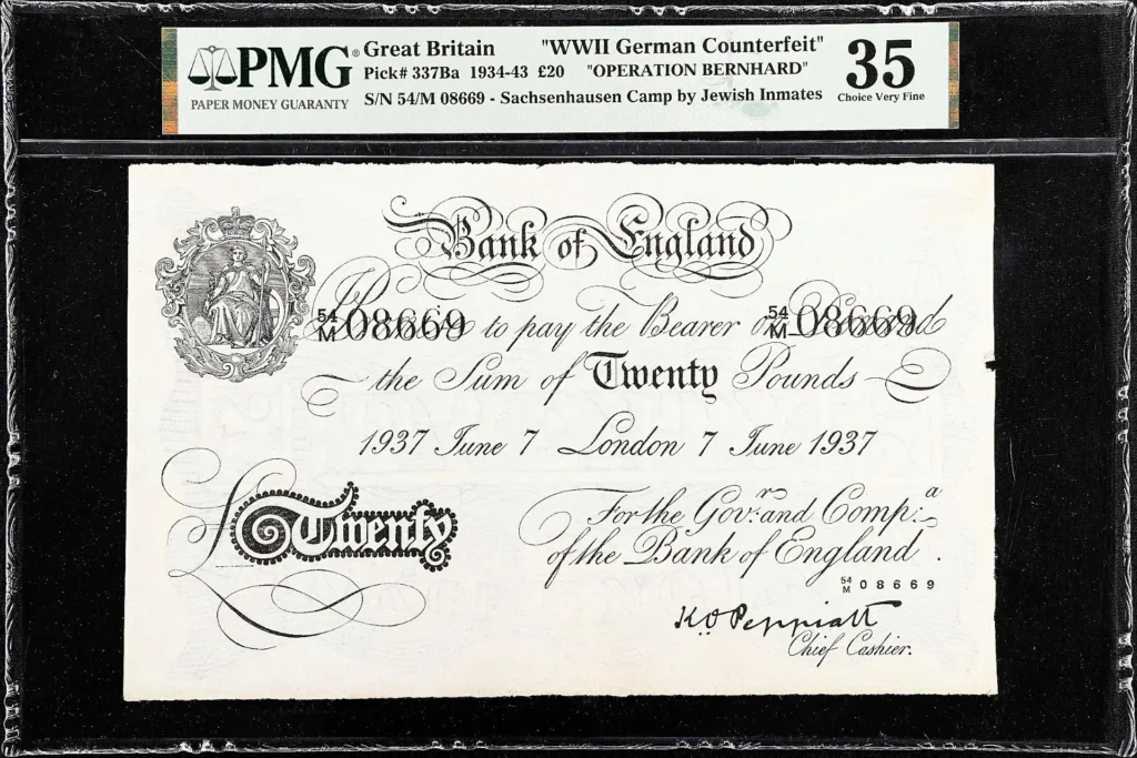 A British banknote issued by the prisoners of Sachsenhausen concentration camp during Operation Bernhard with a denomination of "20 (Twenty) Pounds".