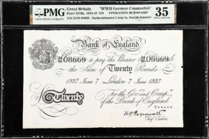 A British banknote issued by the prisoners of Sachsenhausen concentration camp during Operation Bernhard with a denomination of "20 (Twenty) Pounds".