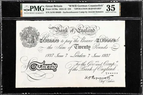 A British banknote issued by the prisoners of Sachsenhausen concentration camp during Operation Bernhard with a denomination of "20 (Twenty) Pounds".