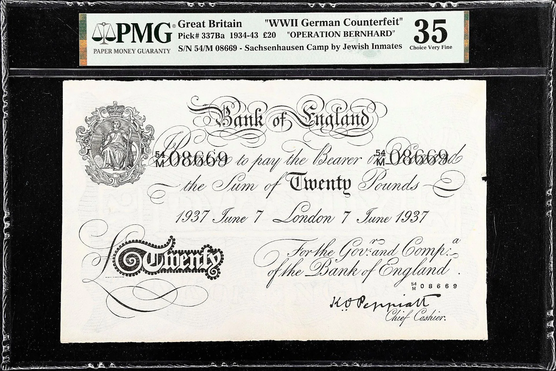 A British banknote issued by the prisoners of Sachsenhausen concentration camp during Operation Bernhard with a denomination of "20 (Twenty) Pounds".